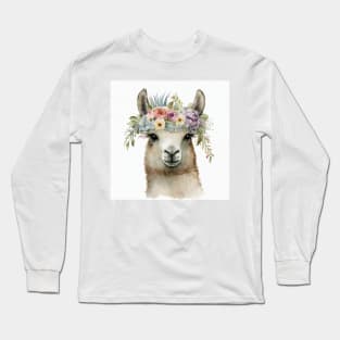 Single llama watercolor close up with flower headband crown Long Sleeve T-Shirt